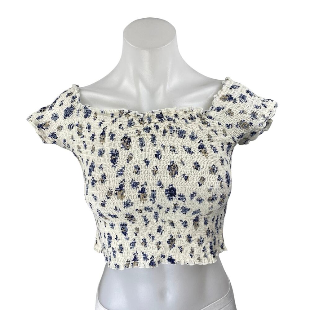 Urban Outfitters White Floral Smocked Short Sleeve Ruffle Crop Blouse Top Size S